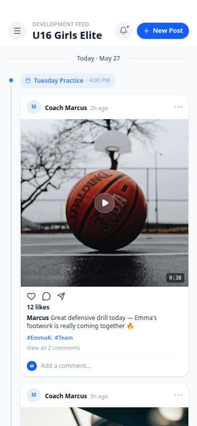 Parent mobile view of athlete development feed — coach notes and growth updates